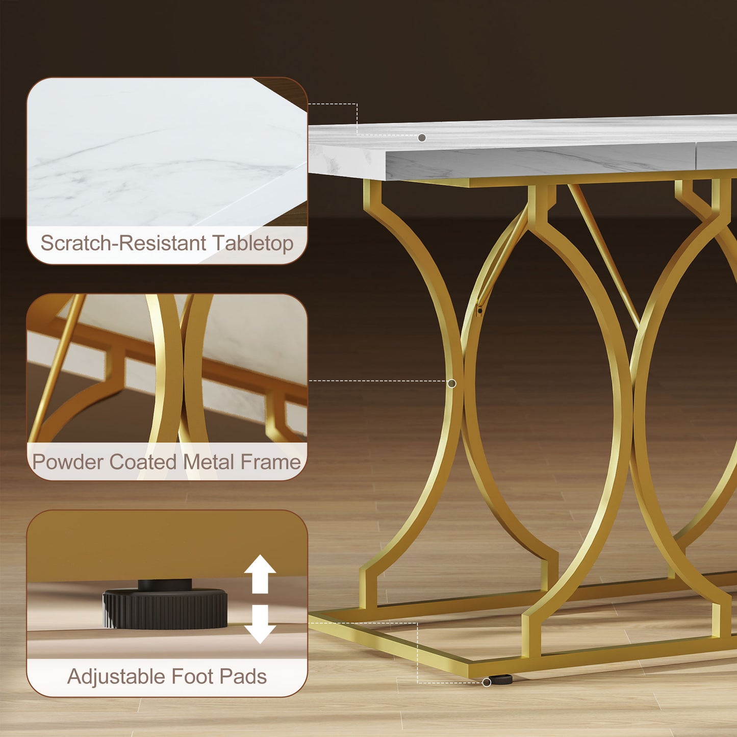 59-Inch Dining Table for 6, Modern Marble-Pattern Kitchen Dinner Table with Metal Pedestal for Home, Dining Room, White