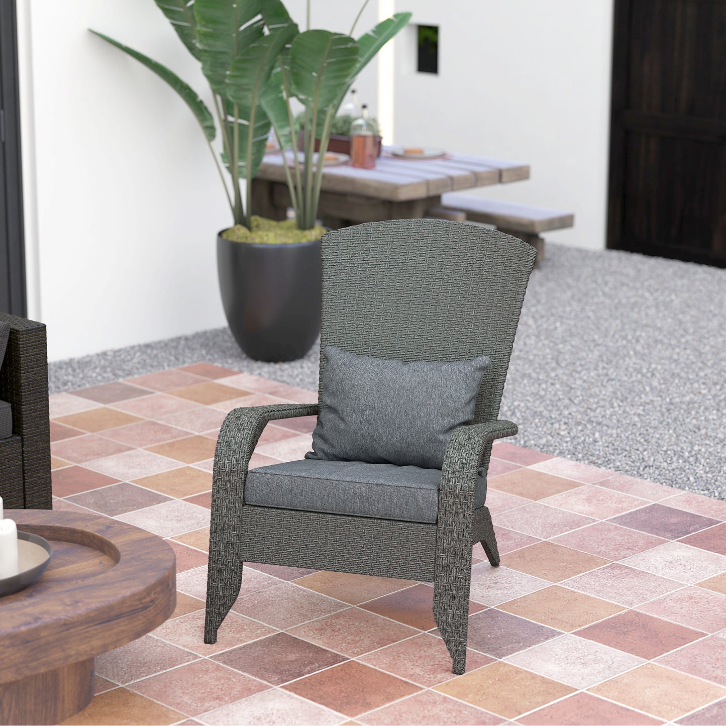 Wicker Adirondack Chair, PE Rattan Outdoor Fire Pit Chair Muskoka Chair with Cushions, Heather Grey