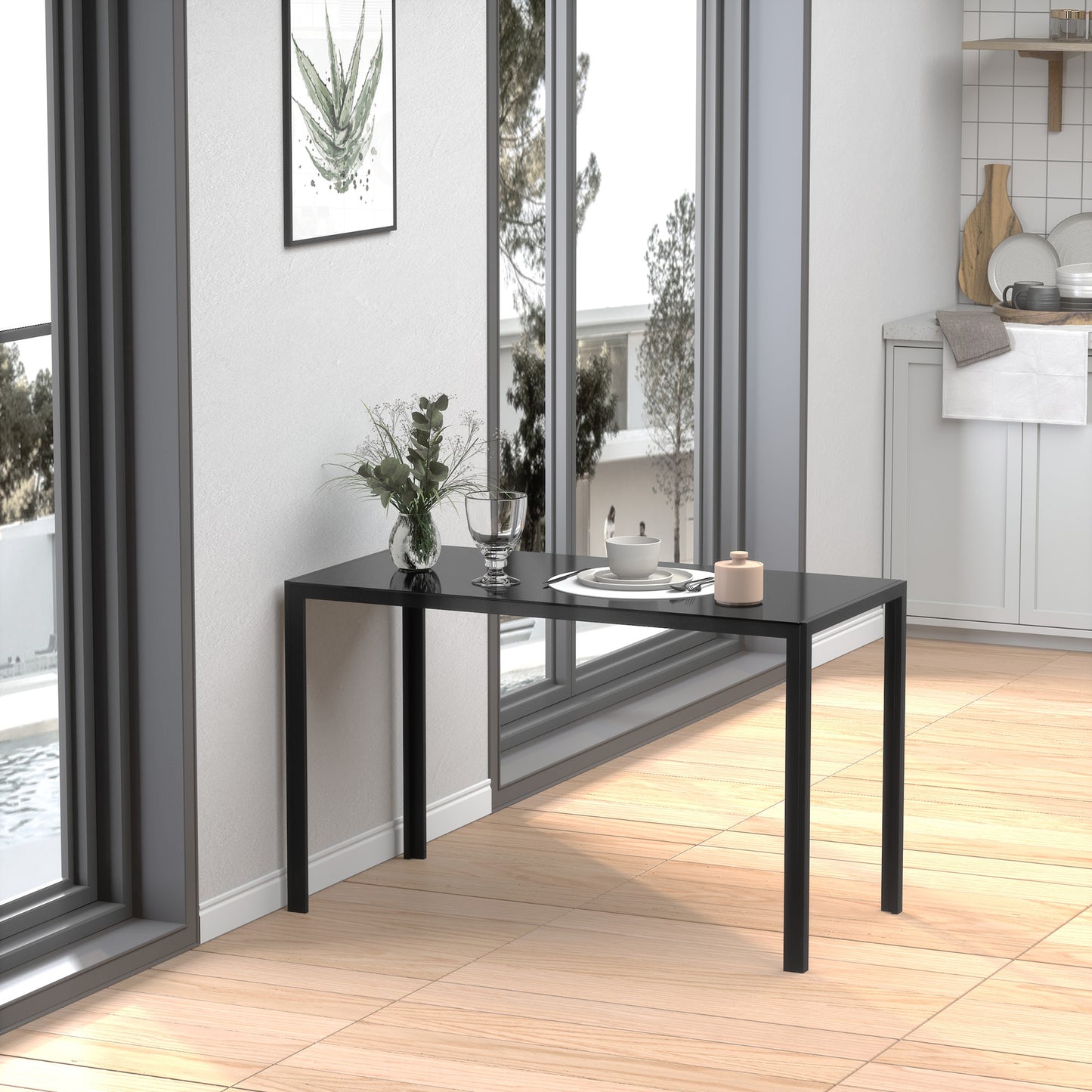 Rectangular Kitchen Table for 4 People, Dining Table with Tabletop Tempered Glass for Dining Room, Living Room, Black