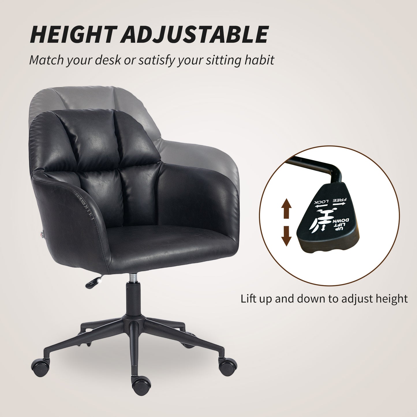 Swivel Office Chair, Faux Leather Desk Chair with Adjustable Height for Living Room, Bedroom, Study, Black
