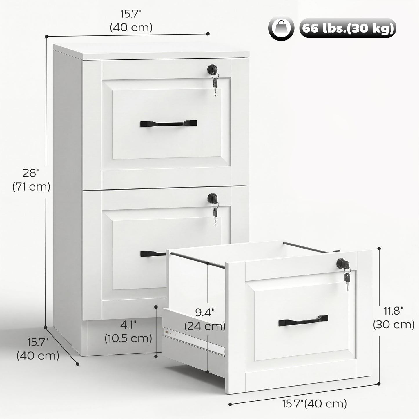2 Drawer File Cabinet with Lock, Vertical Filing Cabinet with Adjustable Hanging Bars for A4 and Letter Size, White