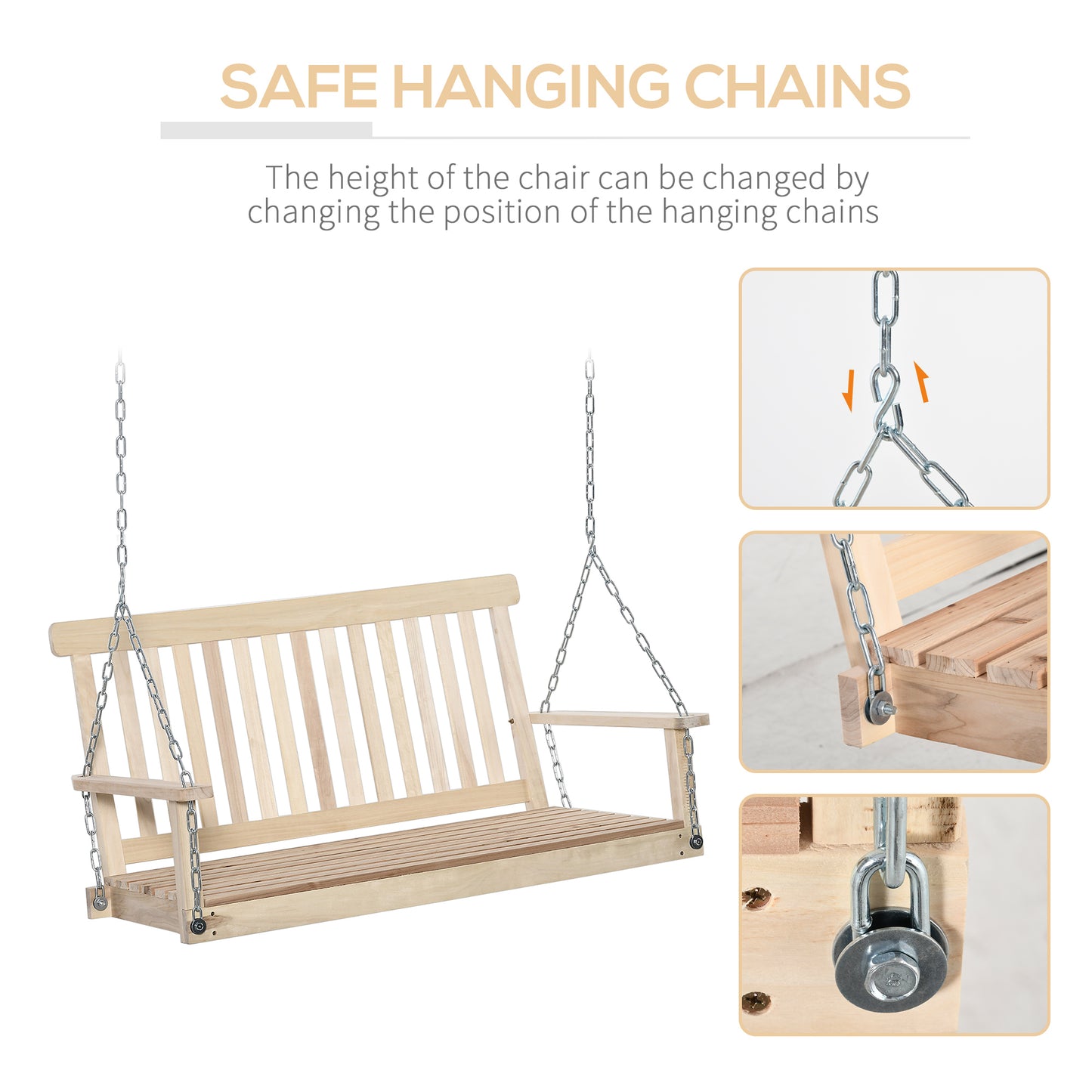 2-Seater Patio Swing Chair, Fir Wooden Porch Swing with Slatted Design, Hanging Chains for Outdoor, Garden, Black