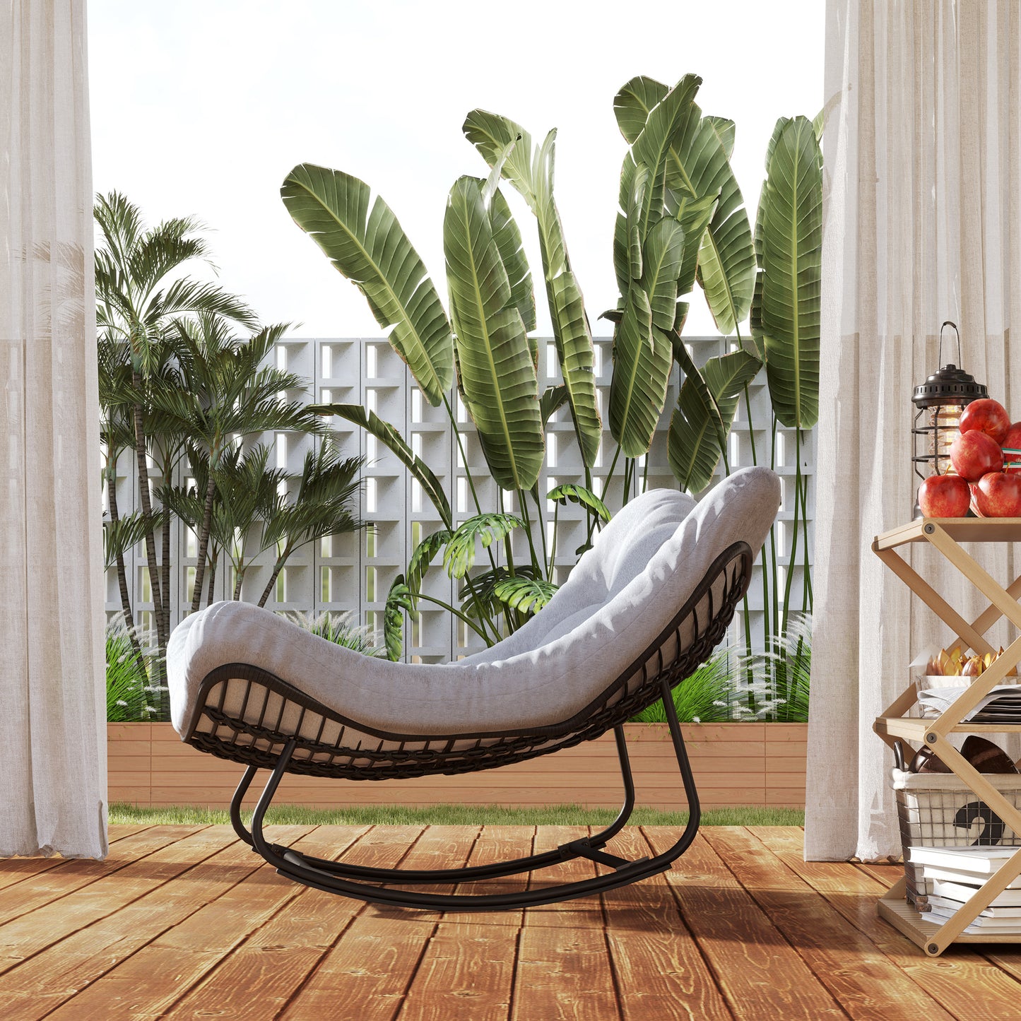 Oversized Rattan Patio Egg Chair, Outdoor Rocking Chair with Padded Cushion for Indoor, Porch, Grey