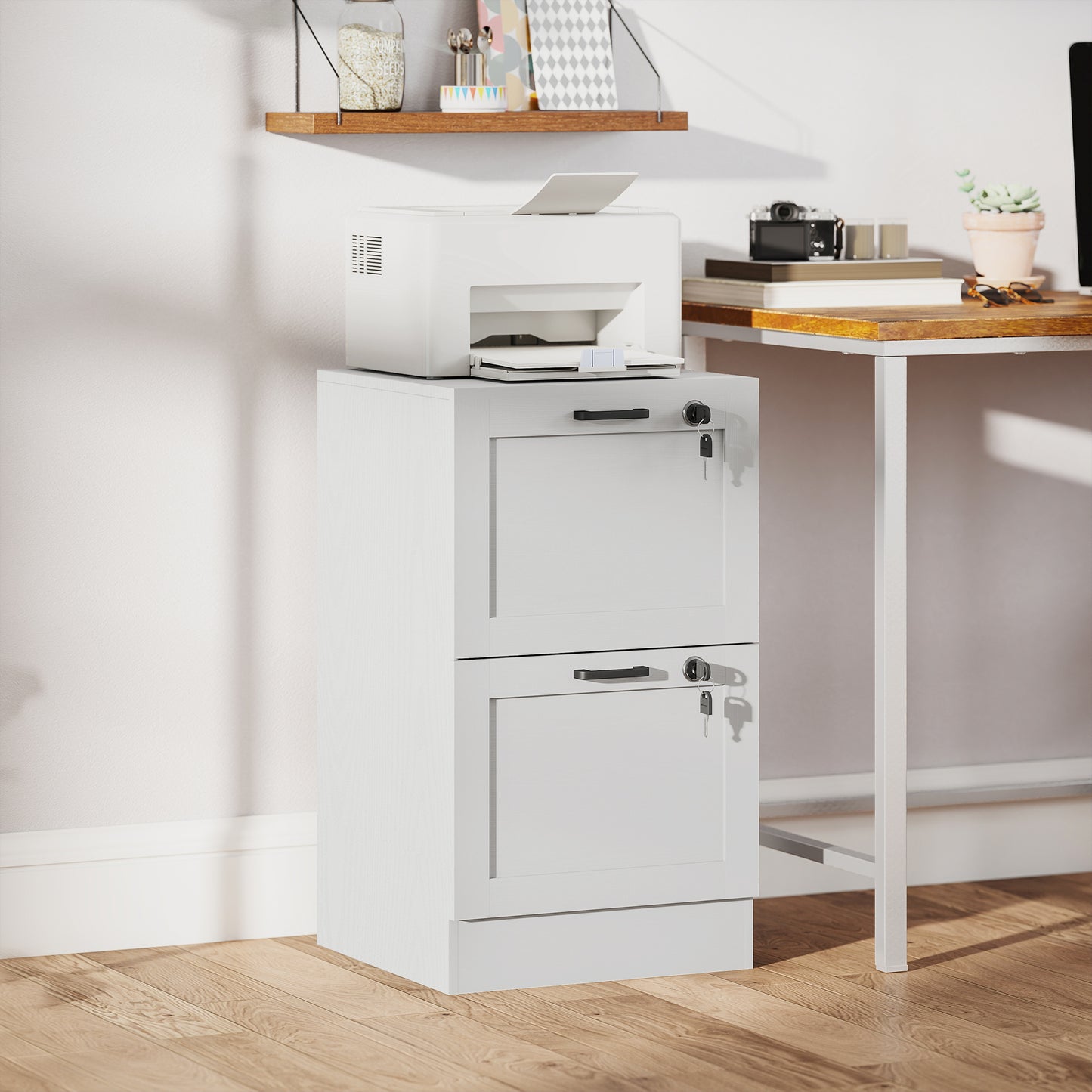 Vertical Filing Cabinet with 2 Drawers, Lock, File Cabinet for Home Office, A4 and Letter Size Files, White