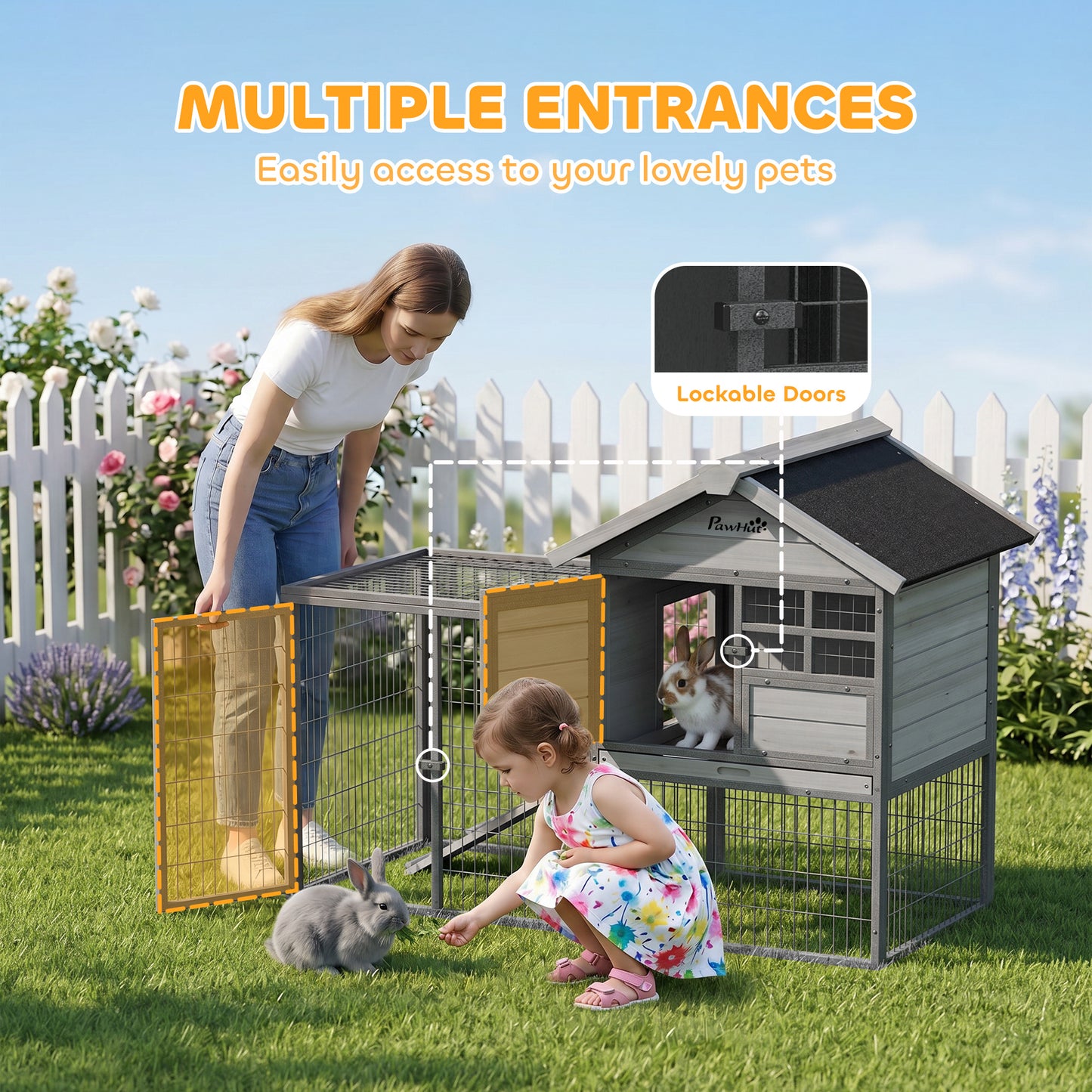 Rabbit Hutch Outdoor, 48"L Large Wooden Bunny Cage with Run, Grey
