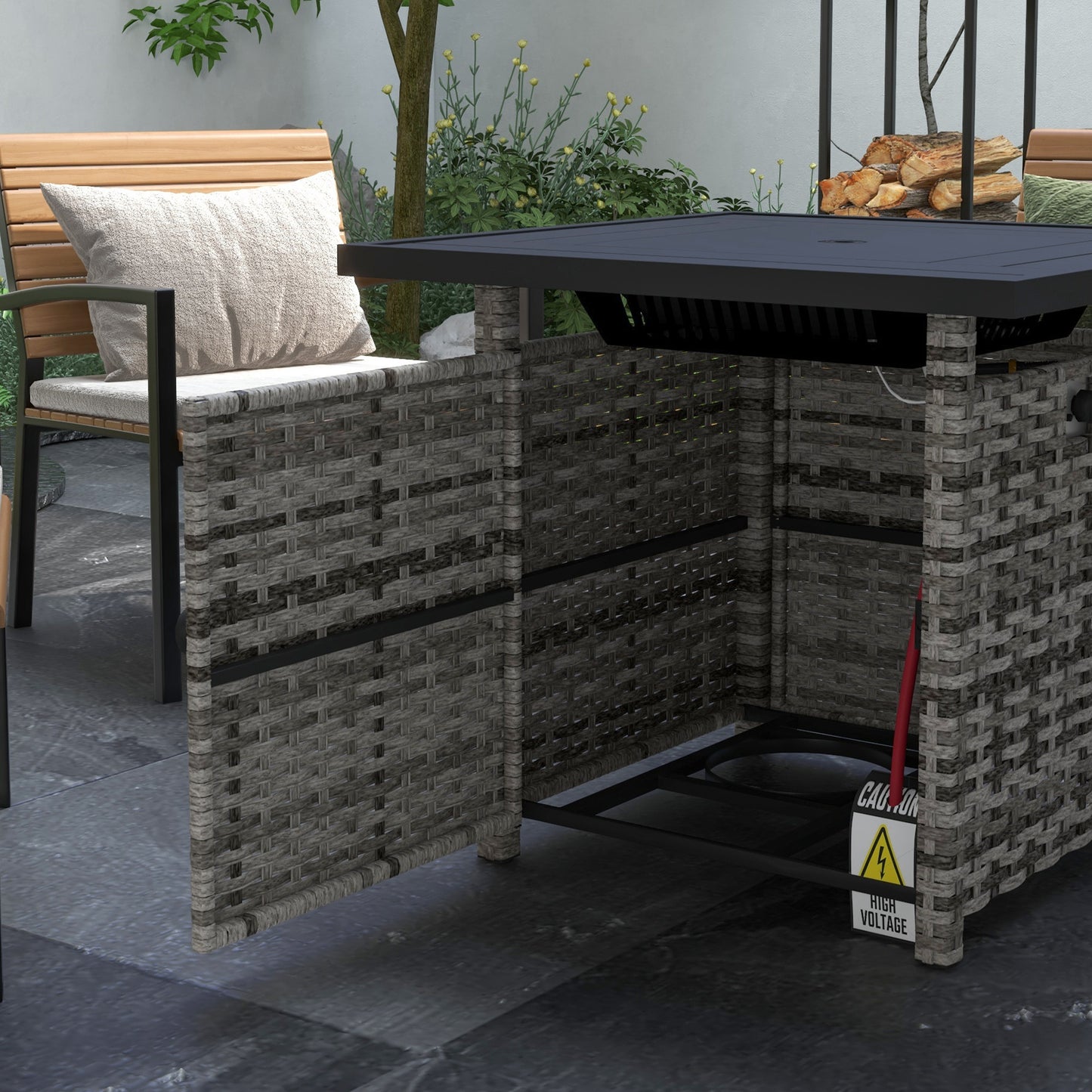 Outdoor PE Rattan Propane Fire Pit Table, 50,000 BTU Pulse-Ignition Wicker Fire Table, Mixed Grey