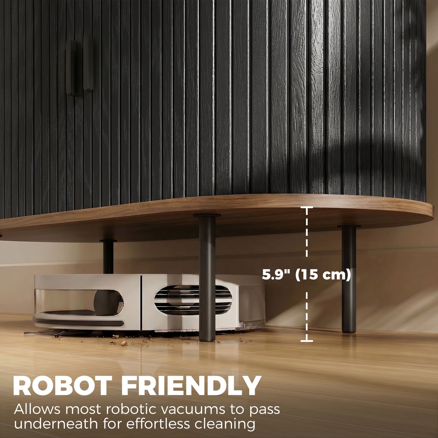 Sideboard Buffet Cabinet with Curved Tambour Doors and Storage, Brown Wood Grain