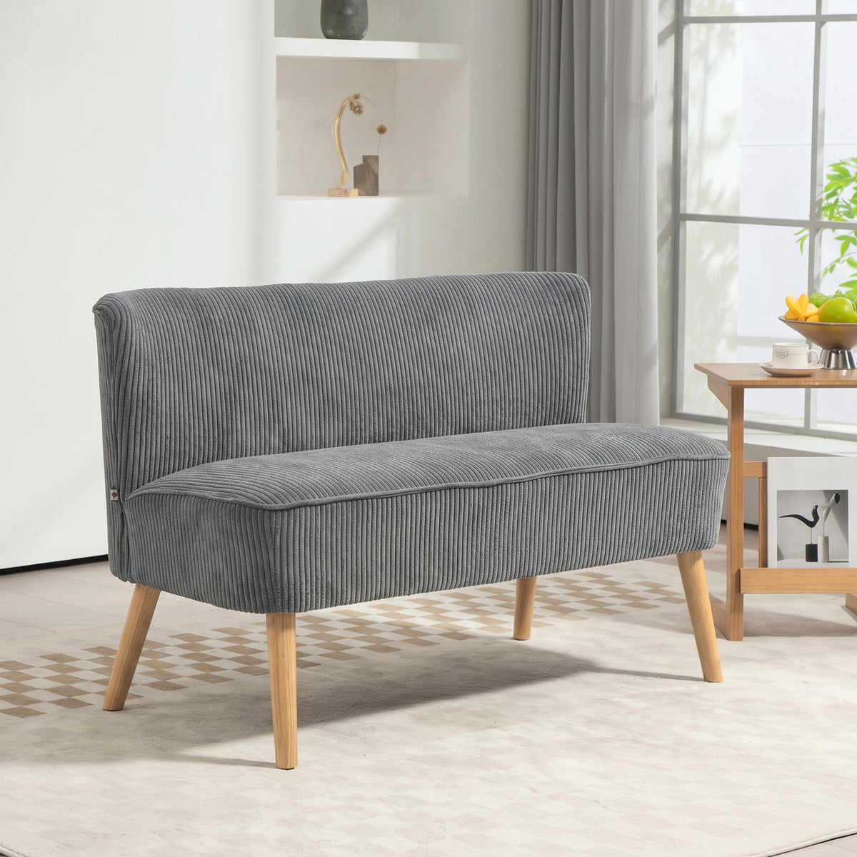 Modern 2 Seater Sofa, Upholstered Two Seater Couch with Rubber Wood Legs, Grey