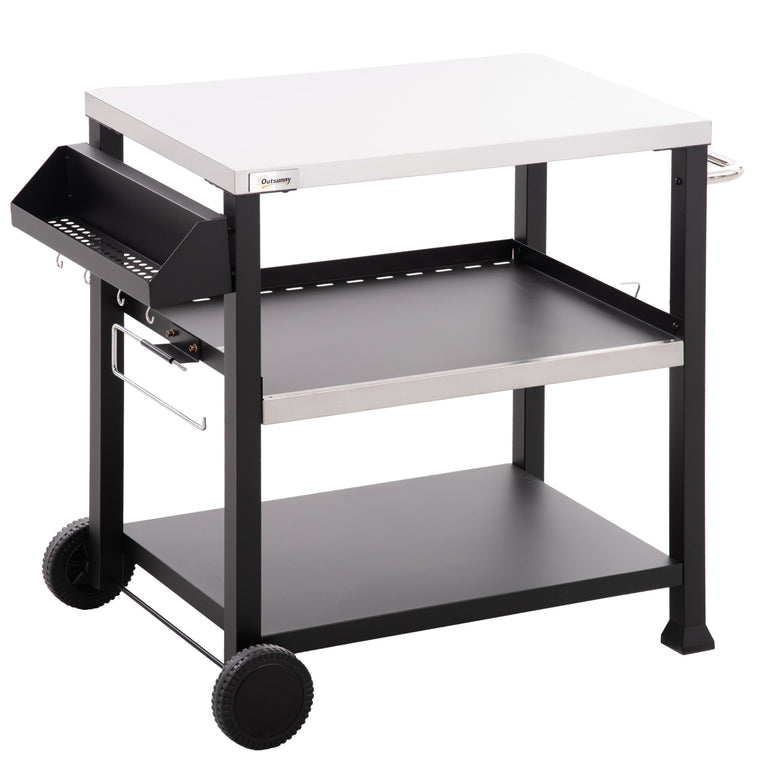 3-Shelf Black Grill Cart with Stainless Steel Top & Wheels