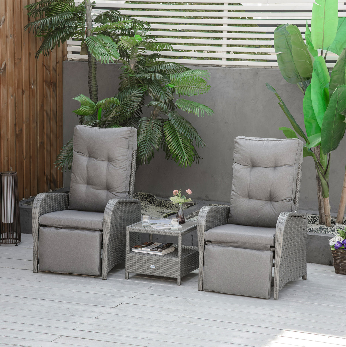 3 Pieces Patio Wicker Bistro Set, PE Rattan Coffee Table & Adjustable Recline Chairs Furniture Set with Cushions and Wood Grain Plastic Top, Grey