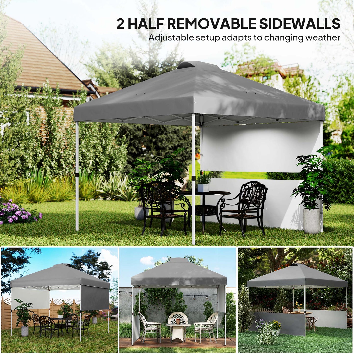 10' x 10' Pop Up Canopy Tent with 2 Half Sidewalls, UV50+ Height Adjustable Instant Sun Shelter, Dark Grey