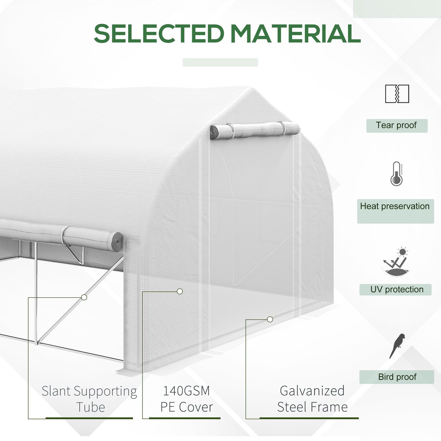 13 x 9.8ft Walk-in Polytunnel Greenhouse, Zipped Roll Up Sidewalls, Mesh Door, 8 Mesh Windows, Plant Labels and Gloves, Wind Resistance, White