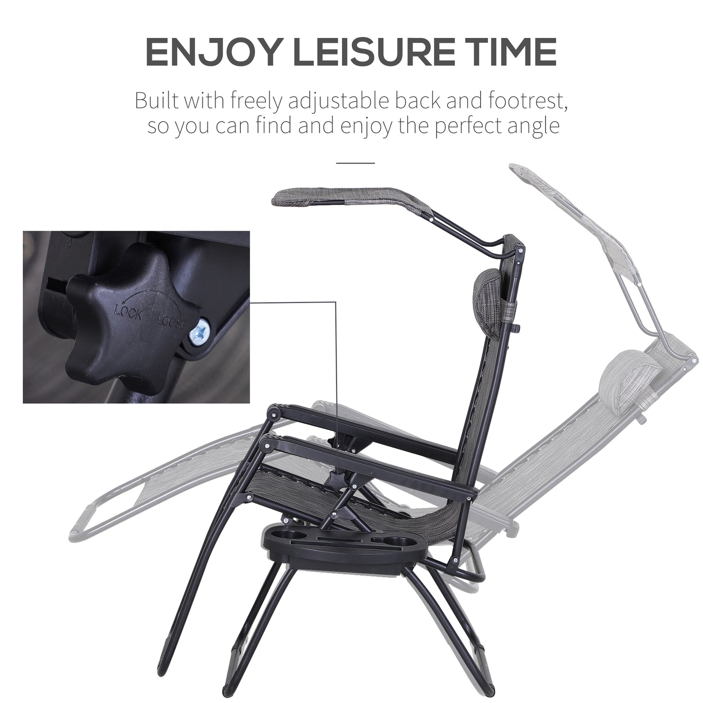 Outdoor Zero Gravity Reclining Lounger Chair with Canopy Shade, Side Tray, Cupholder, Beige