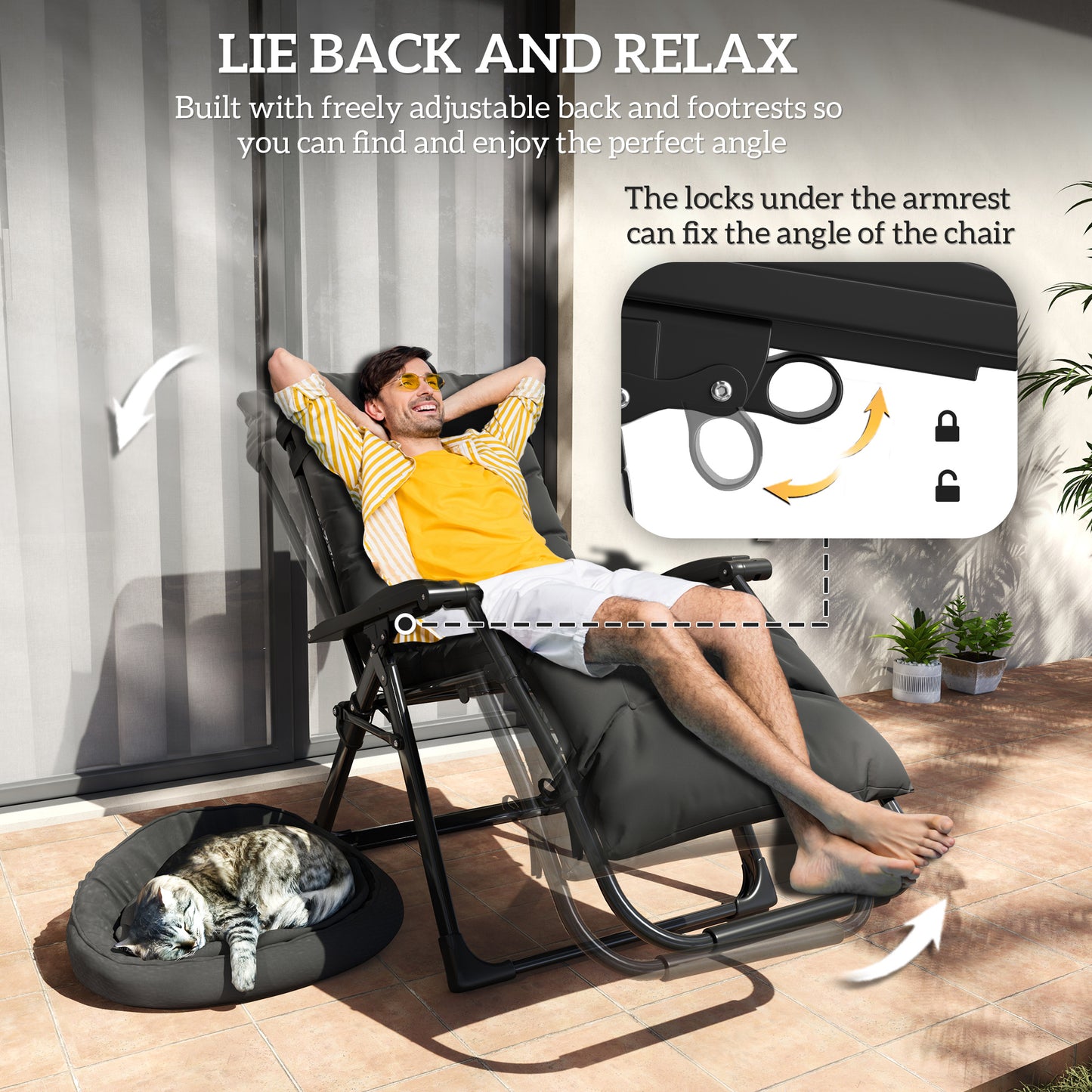 Folding Garden Chairs Set of 2, Reclining Zero Gravity Chair, Sun Lounger with Cushion and Headrest, Khaki