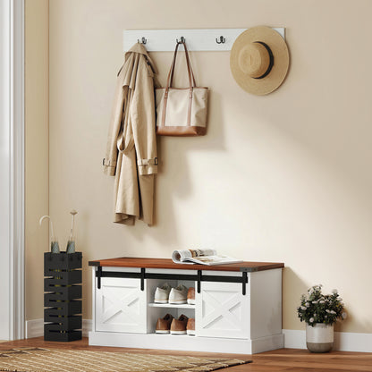 2-Piece Hall Tree Shoe Bench Set with Barn Doors - White and Walnut