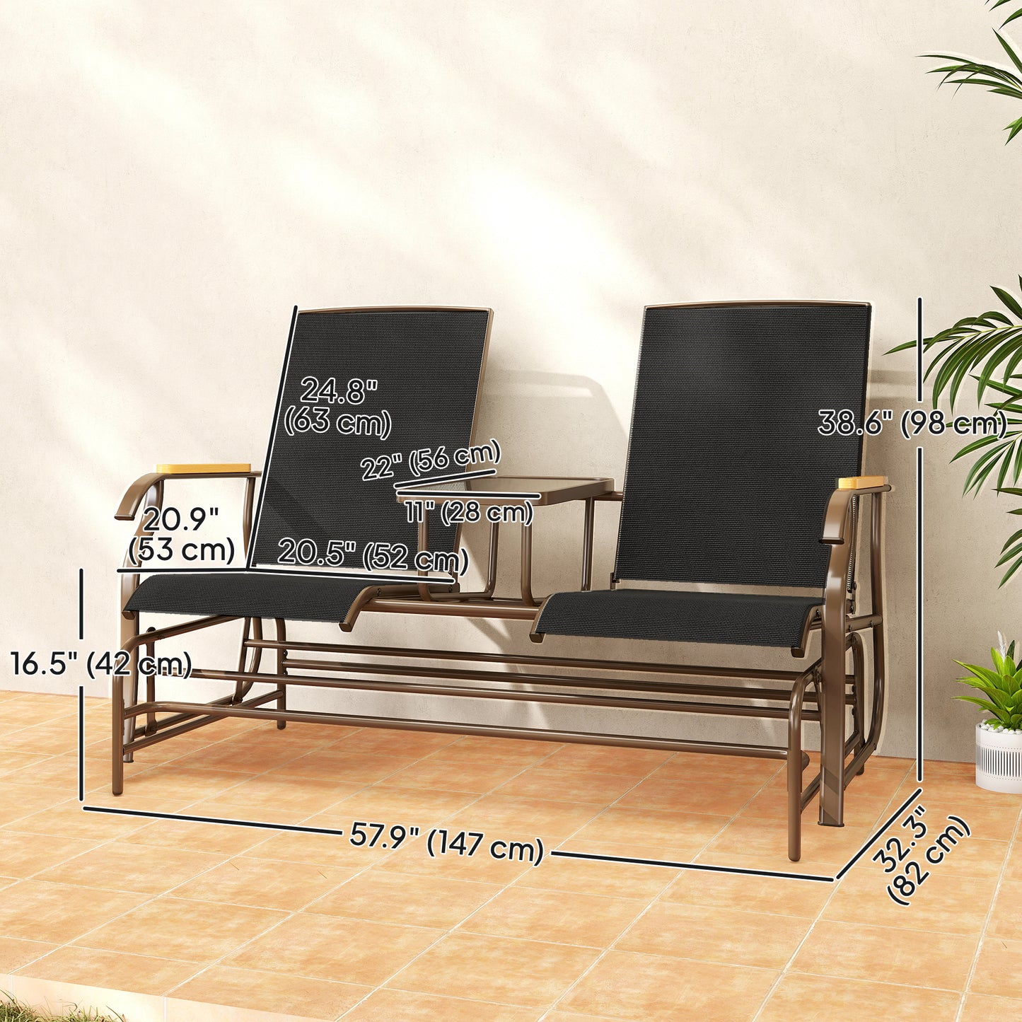 Outdoor 2-Person Glider Bench, Outside Swing Glider Chair Loveseat with Breathable Mesh, Table, Steel Frame