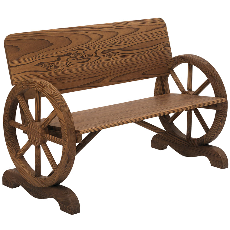 Wooden Wagon Wheel Bench with High Back Loveseat