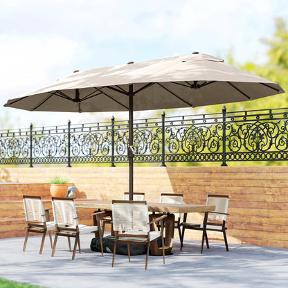 15' Khaki Steel Table Umbrella with Twin Canopy & Lift Crank
