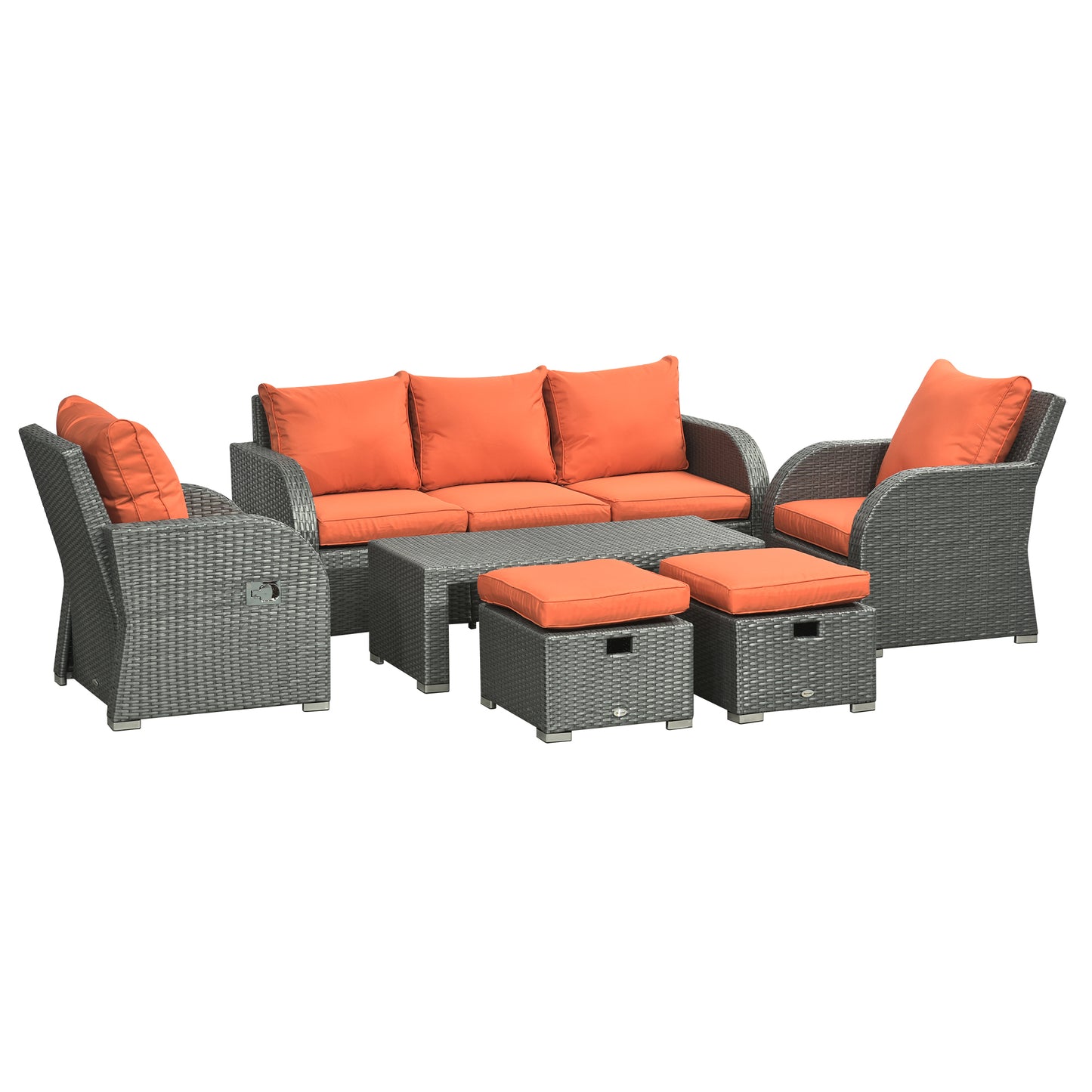 6 Pieces Patio Furniture with 2 Recliner Chairs, PE Wicker Sectional Furniture Conversation Set with a 3-Seat Sofa, 2 Footstools, Table, Cushions, Orange