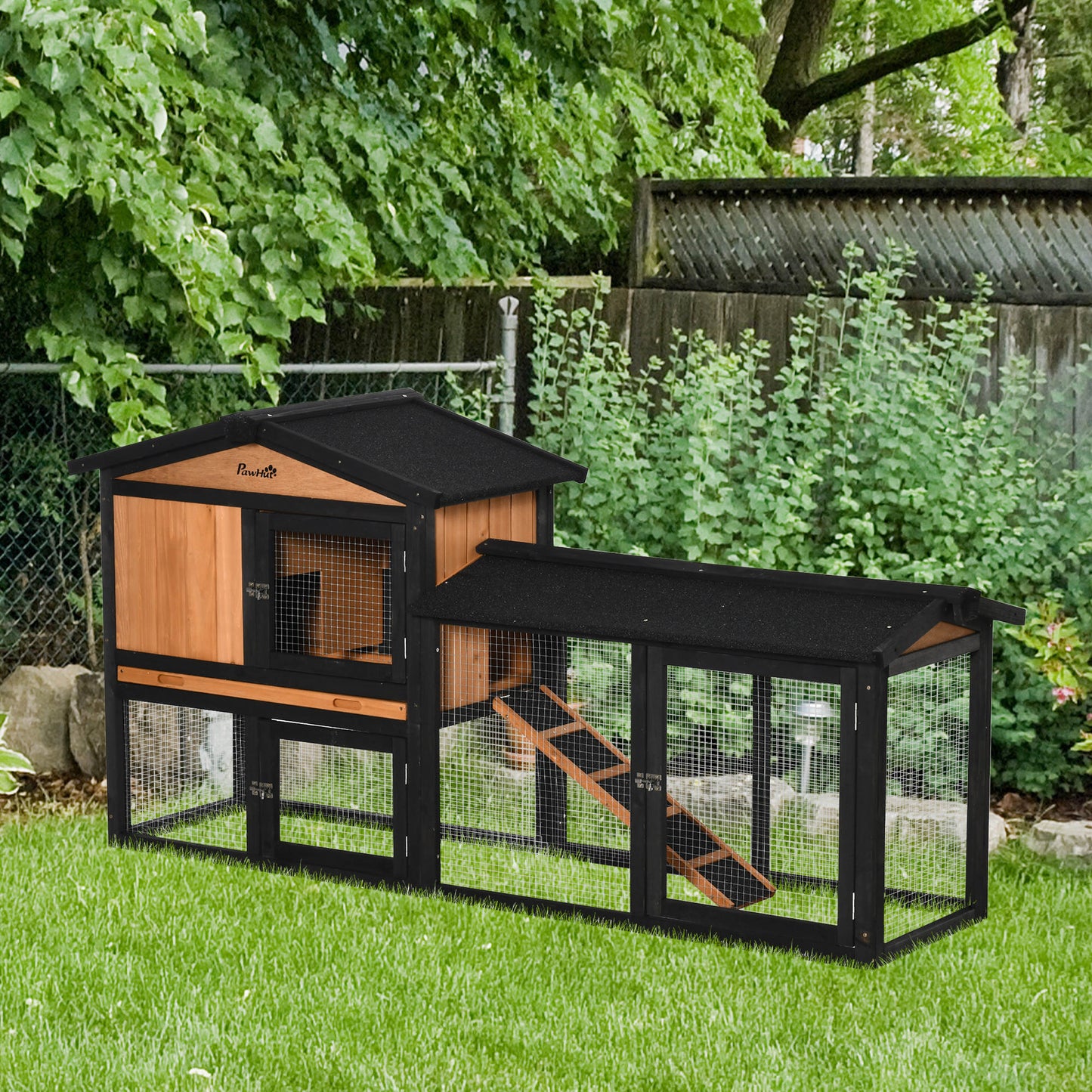 69" Black Wooden Rabbit Hutch with Run & Ramp
