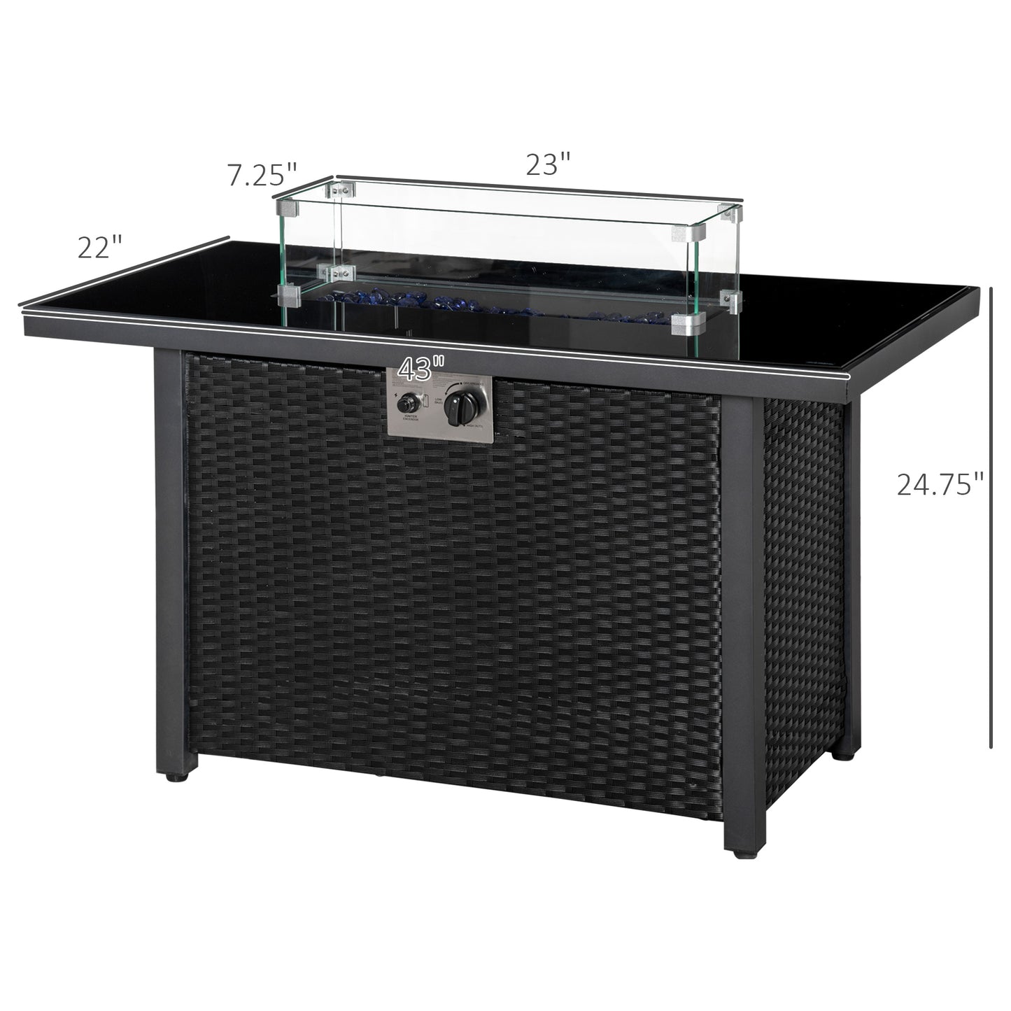 Propane Fire Pit Table 43in Outdoor Fire Table, 50,000 BTU Pulse-Ignition Wicker Firepit Furniture with Glass Wind Guard, Blue Glass Rock, CSA Certification, Black