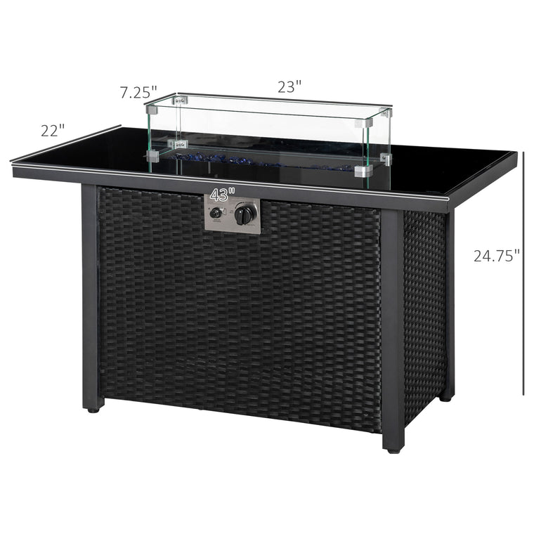 Black 43" Wicker Propane Fire Pit Table with Wind Guard