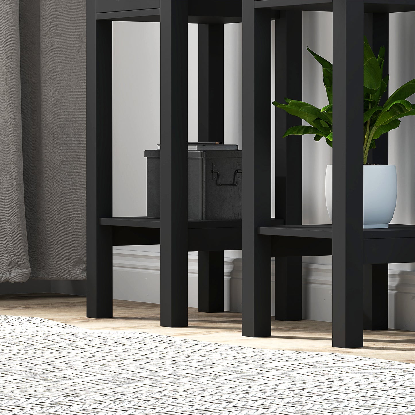 Nightstand Set of 2 with Drawer and Open Storage Shelf Black