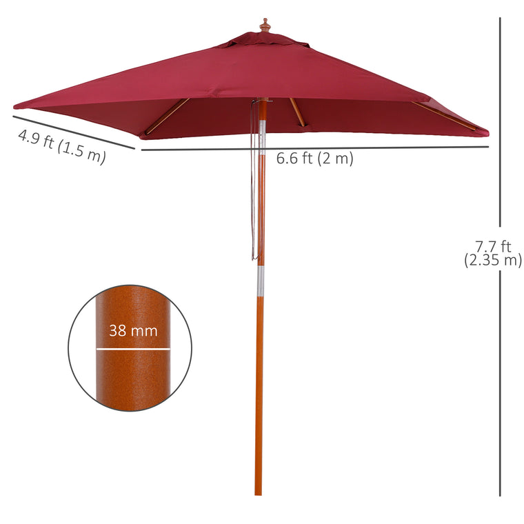 6.6x5ft Wine Red Wooden Market Parasol with Tilt Mechanism
