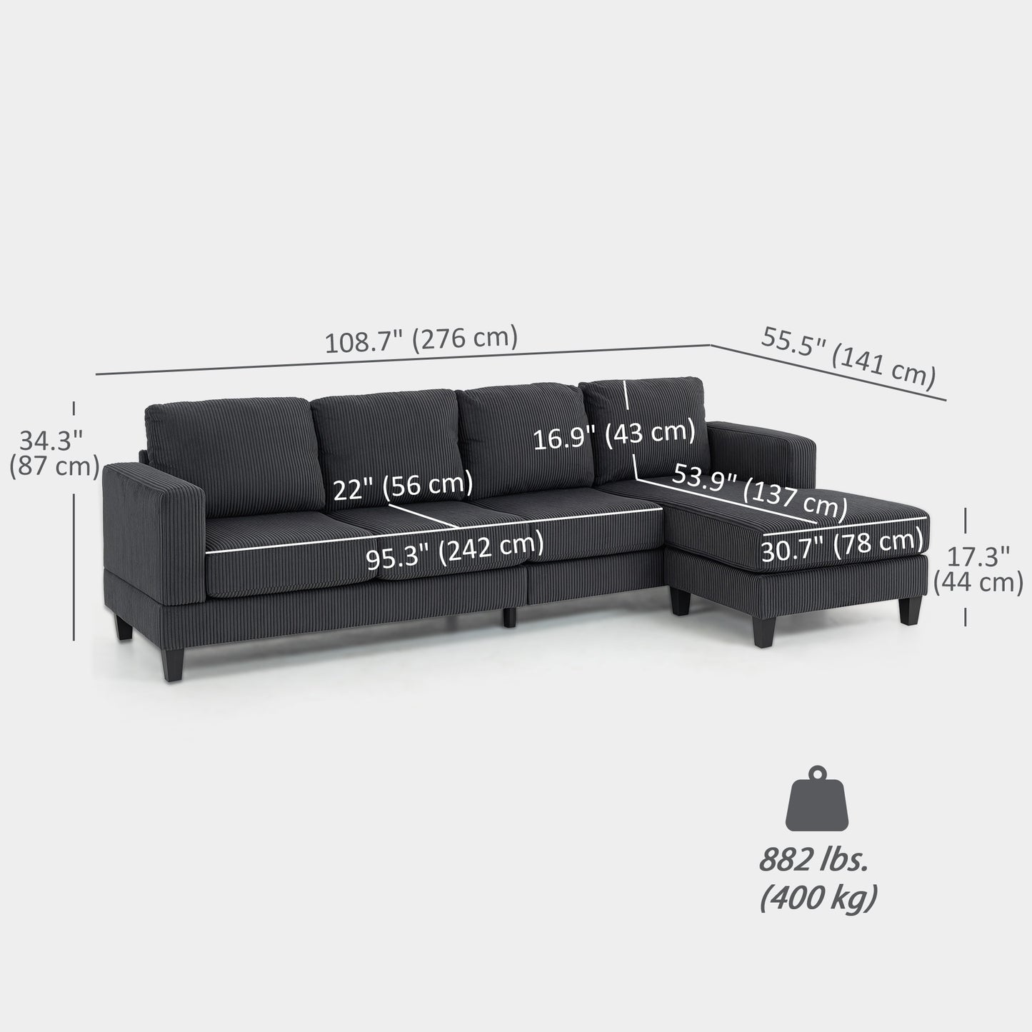 L Shaped Couch, L Shape Sofa with Chaise Lounge and Spring Cushion for Living Room, Bedroom, Charcoal Grey