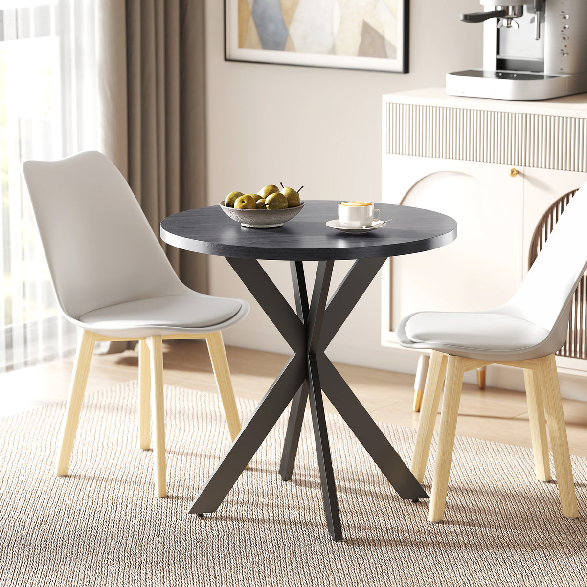 29" Dining Table, Contemporary Round Kitchen Table with Steel Legs, Black