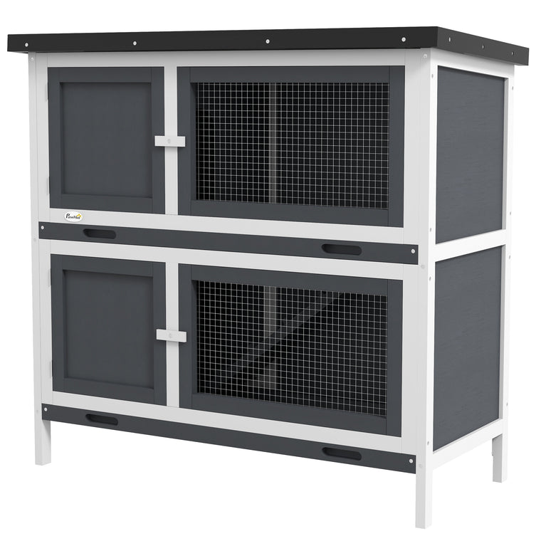 Grey Wood Rabbit Hutch with 2 Main Houses & Ramp