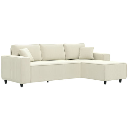 Corner Sofa with Changeable Chaise, Corduroy L-Shaped Sectional Sofa with Pocket Spring, 2 Pillows - Cream White