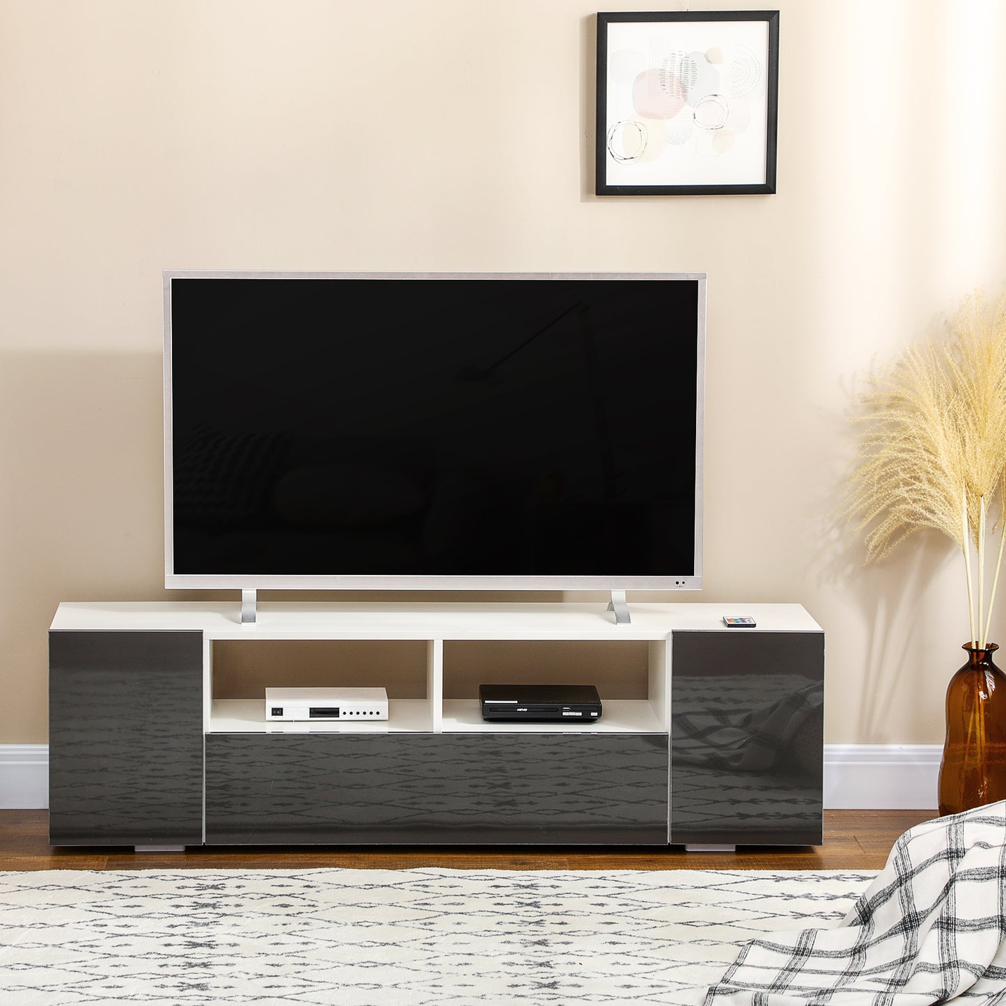 TV Stand for TVs up to 60", TV Unit with LED Lights, Storage Shelves and Cupboards, 53.9" x 13.8" x 16.5", Grey