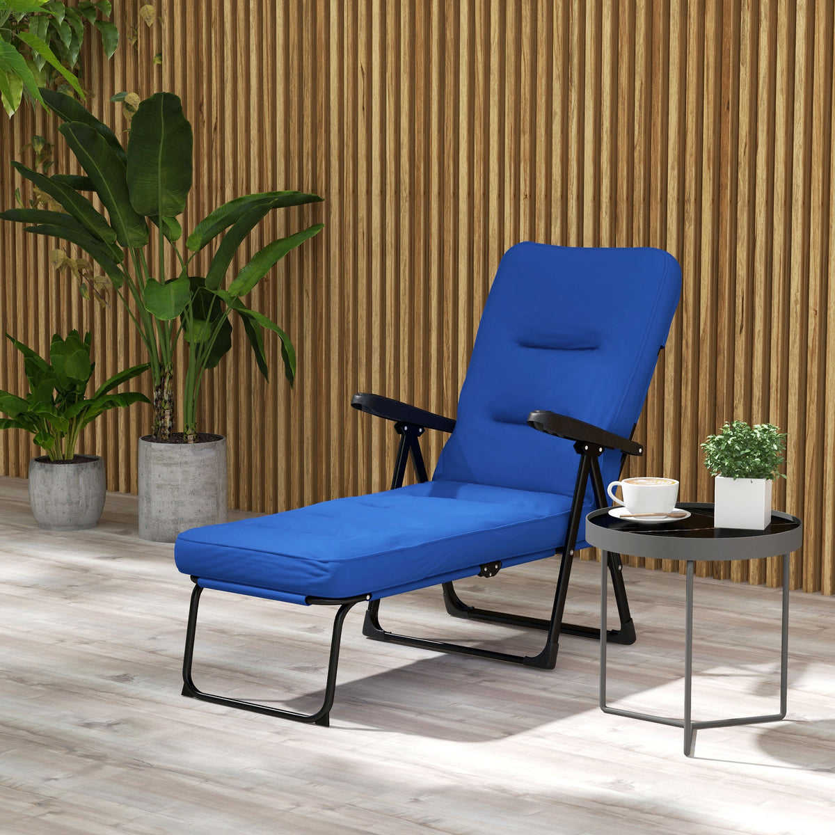 Folding Outdoor Lounge Chair with Cushion, Adjustable Backrest, Reclining Patio Garden Chair with Footrest, Wine Red - Blue
