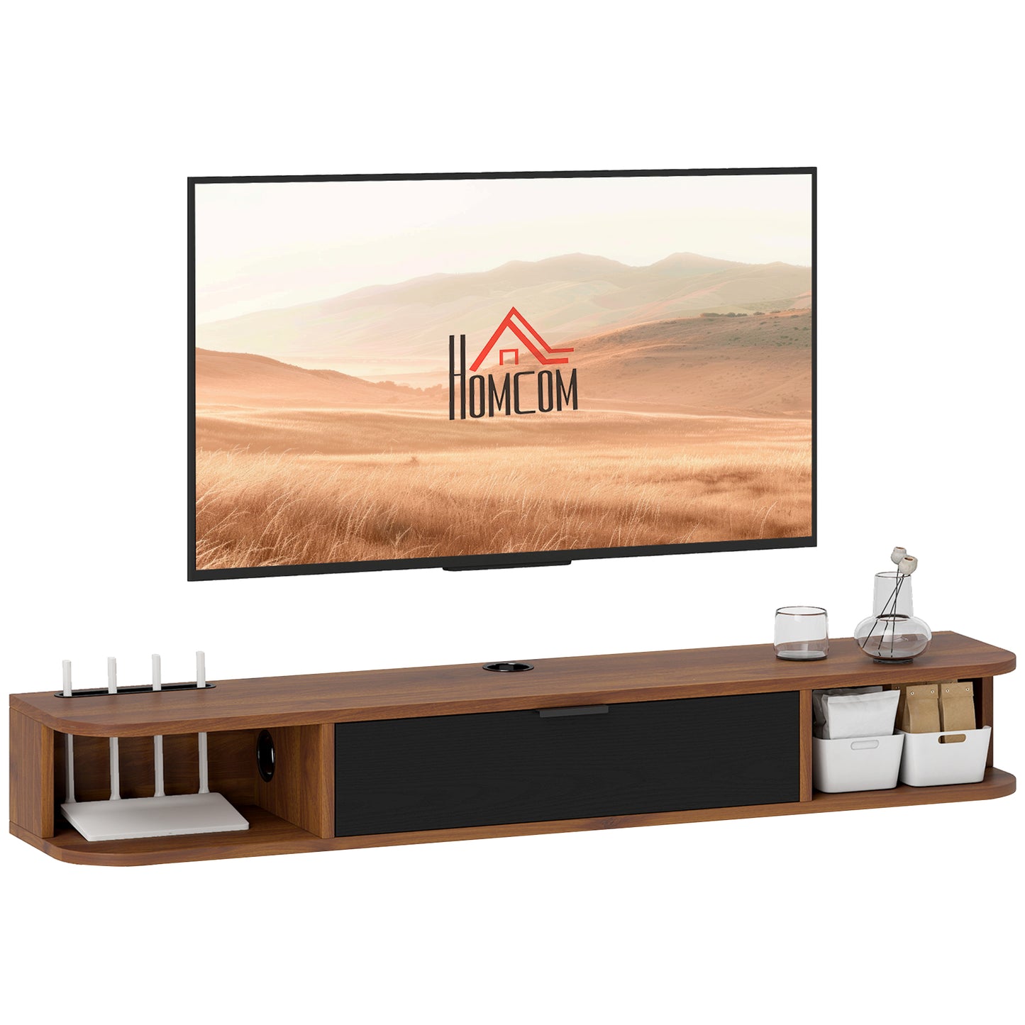 47" Floating TV Stand for TVs up to 50 Inch, Wall Mounted Media Console with Flip Drawer and 2 Open Shelves, Walnut