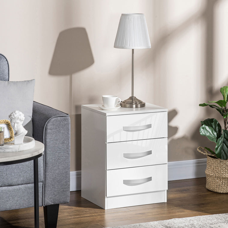 High Gloss Nightstands Set of 2 with 3 Drawers - White