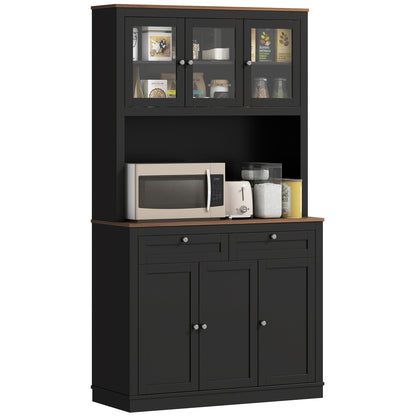 71" Pantry Cabinet with Hutch & Glass Doors - Black