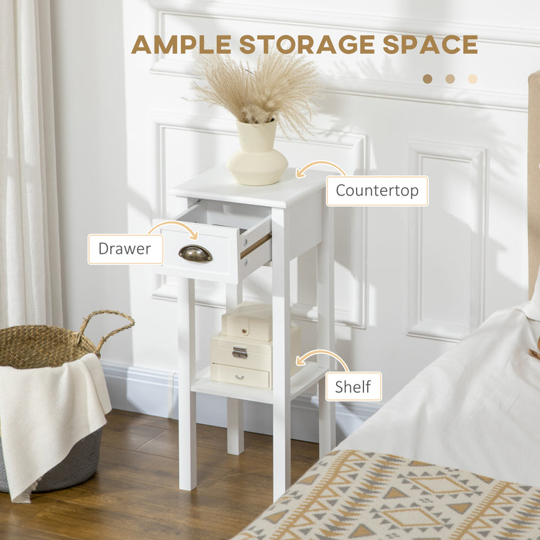 Set of 2 Slim End Tables with Drawer and Shelf - White