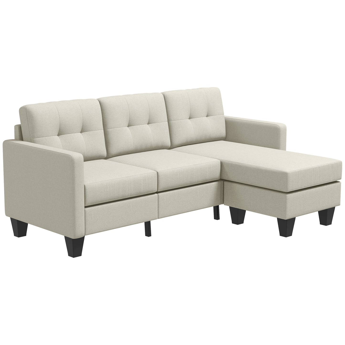 L-shaped Sofa, 3 Seater Sectional Couch with Ottoman, Corner Sofa with Thick Padded Cushion and Wood Legs, Beige
