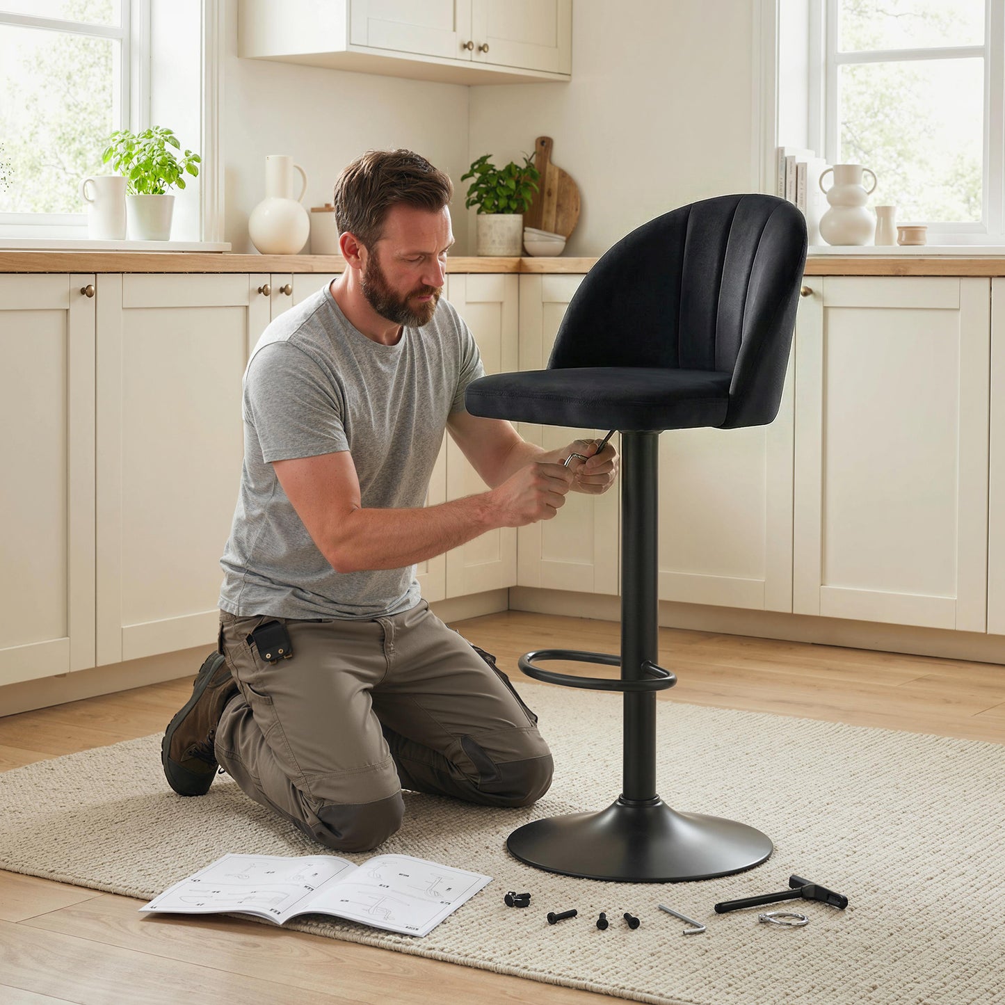 Bar Stools Set of 2, Swivel Counter Height Barstools with Footrest, Black