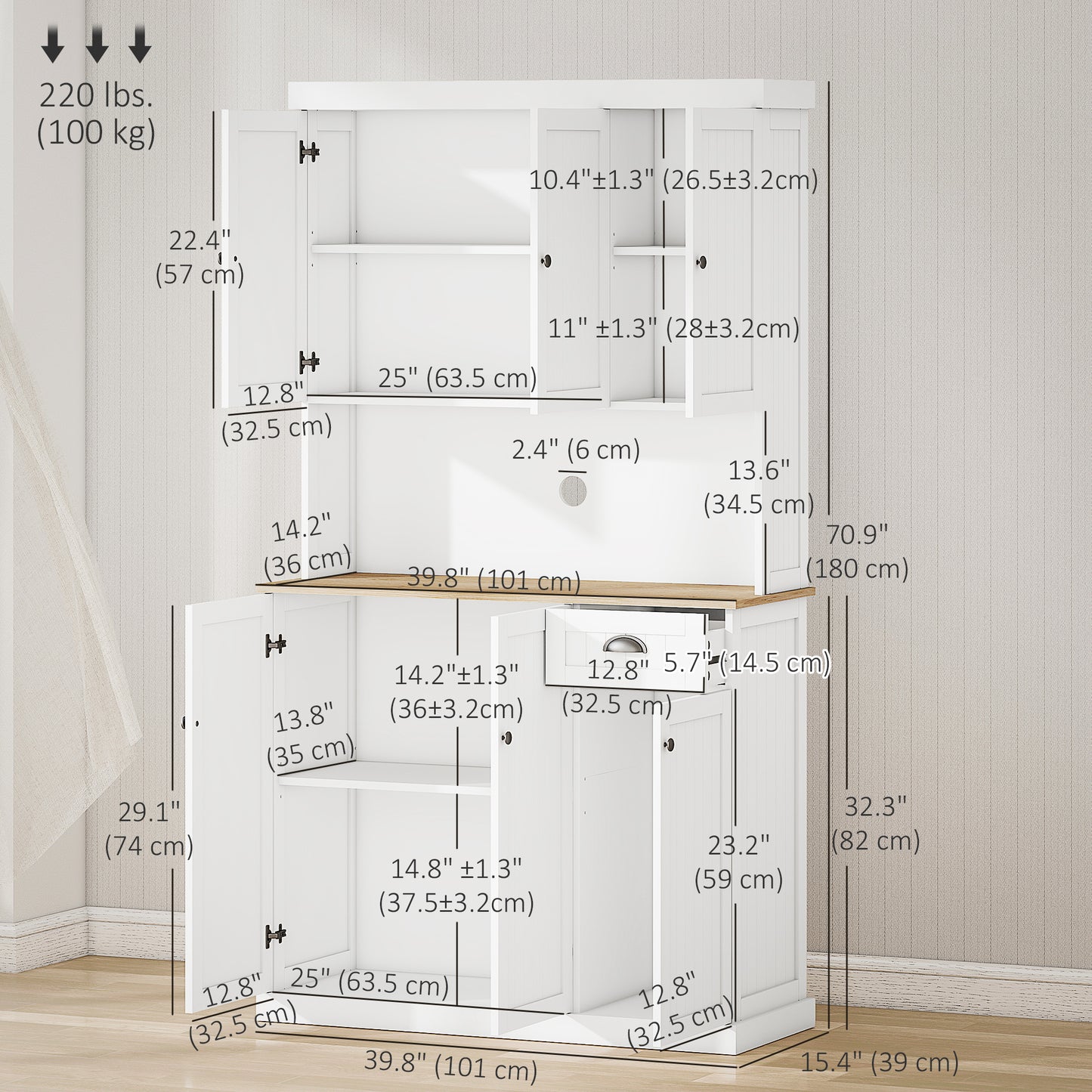 71" Kitchen Pantry Buffet with Hutch Storage Cabinet Microwave Oven Stand with Drawer, White, Oak