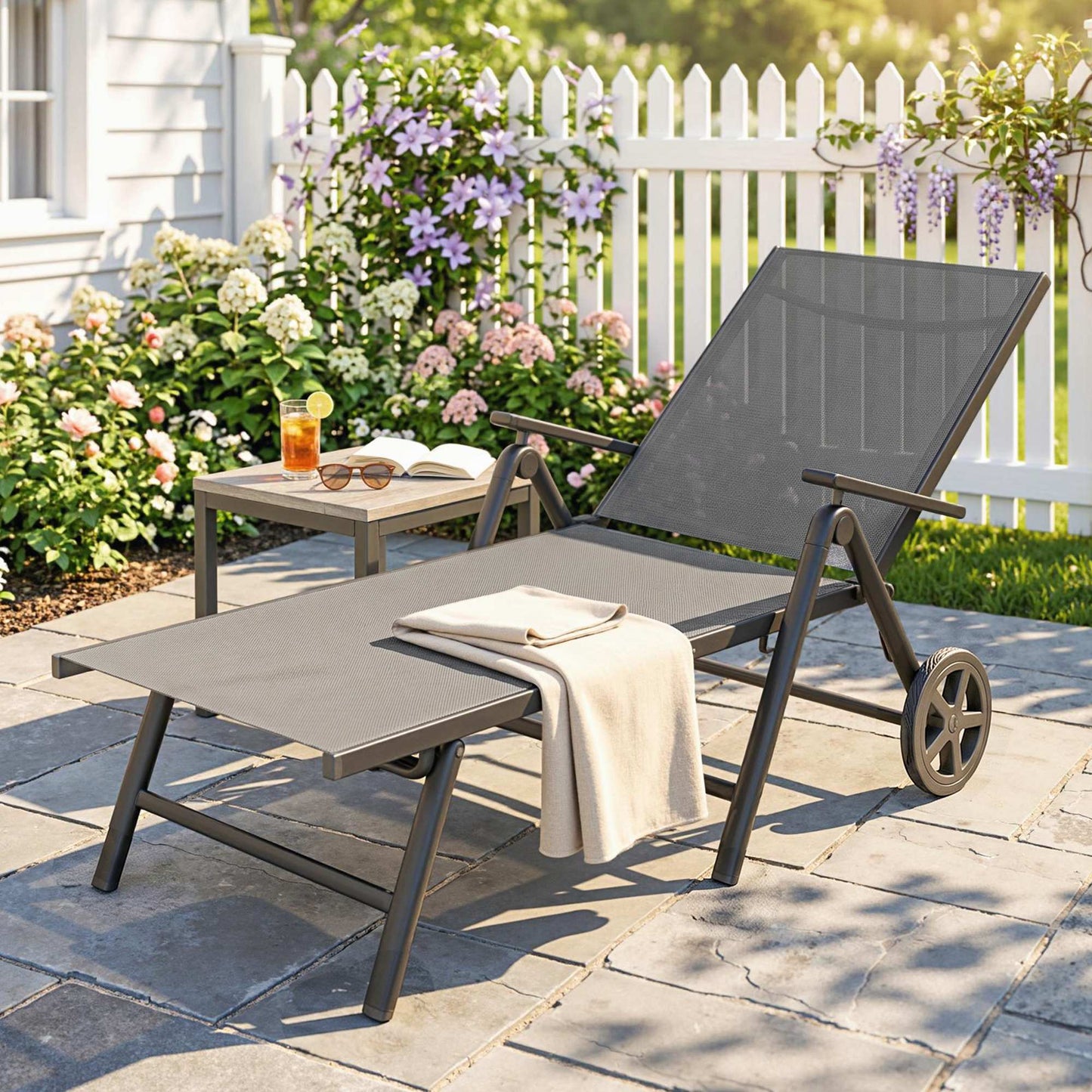 Outdoor Lounge Chair, 5-Level Adjustable Folding Chaise Chair with 2 Wheels for Backyard, Beach, Poolside, Grey