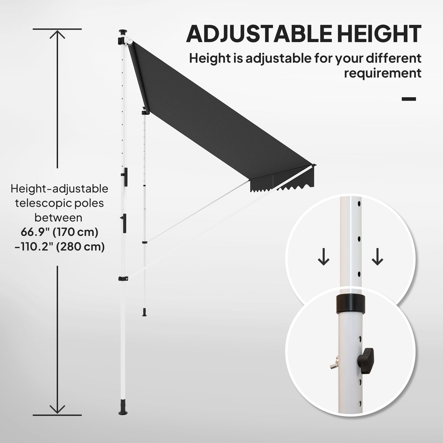 10x5ft Patio Sun Shade Canopy, Manual Retractable Awning with 5.6-9.2ft Support Pole for Window, Door, Porch, Black