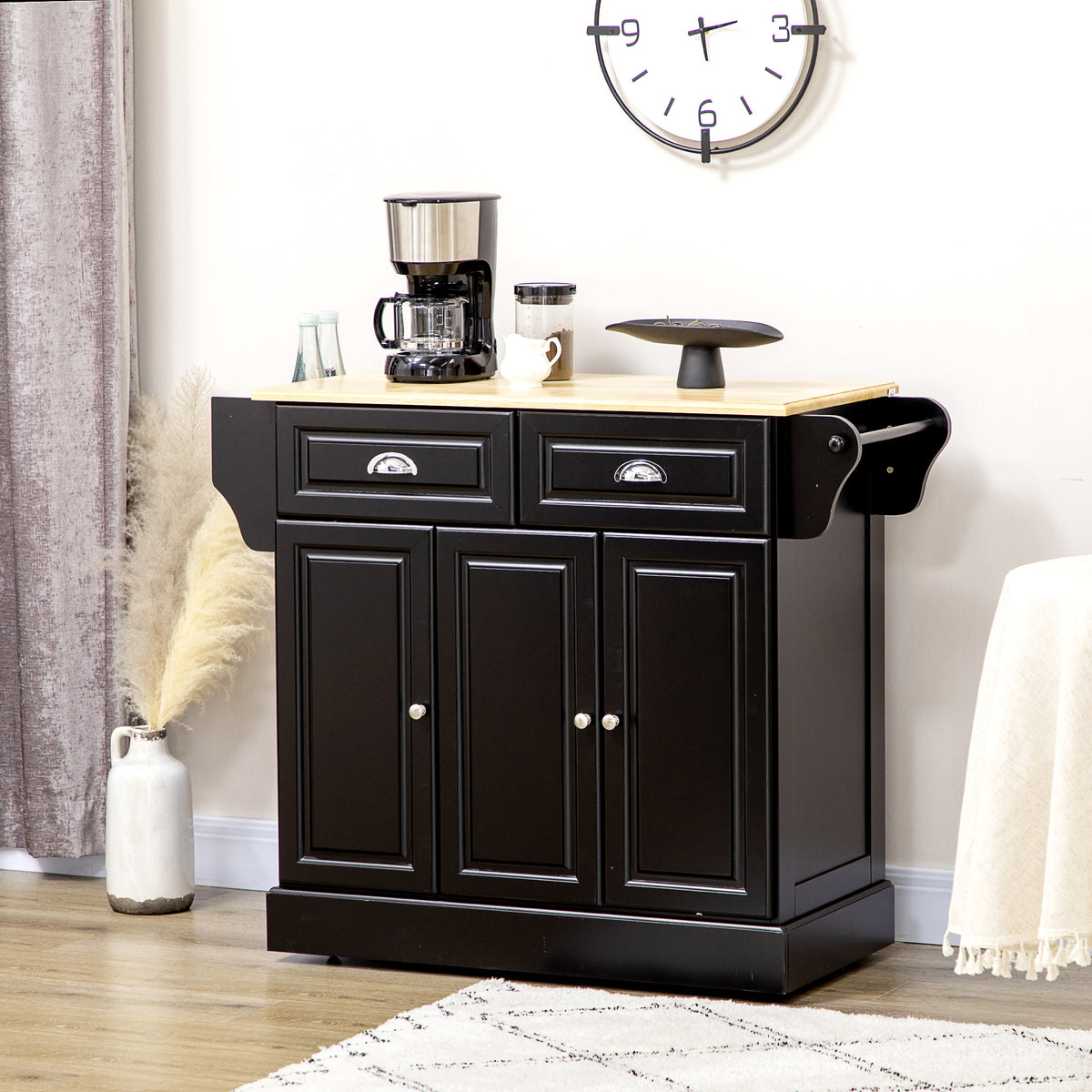 Kitchen Island with Storage Rolling Kitchen Serving Cart with Rubber Wood Top Towel Rack Storage Drawer Cabinet, Black