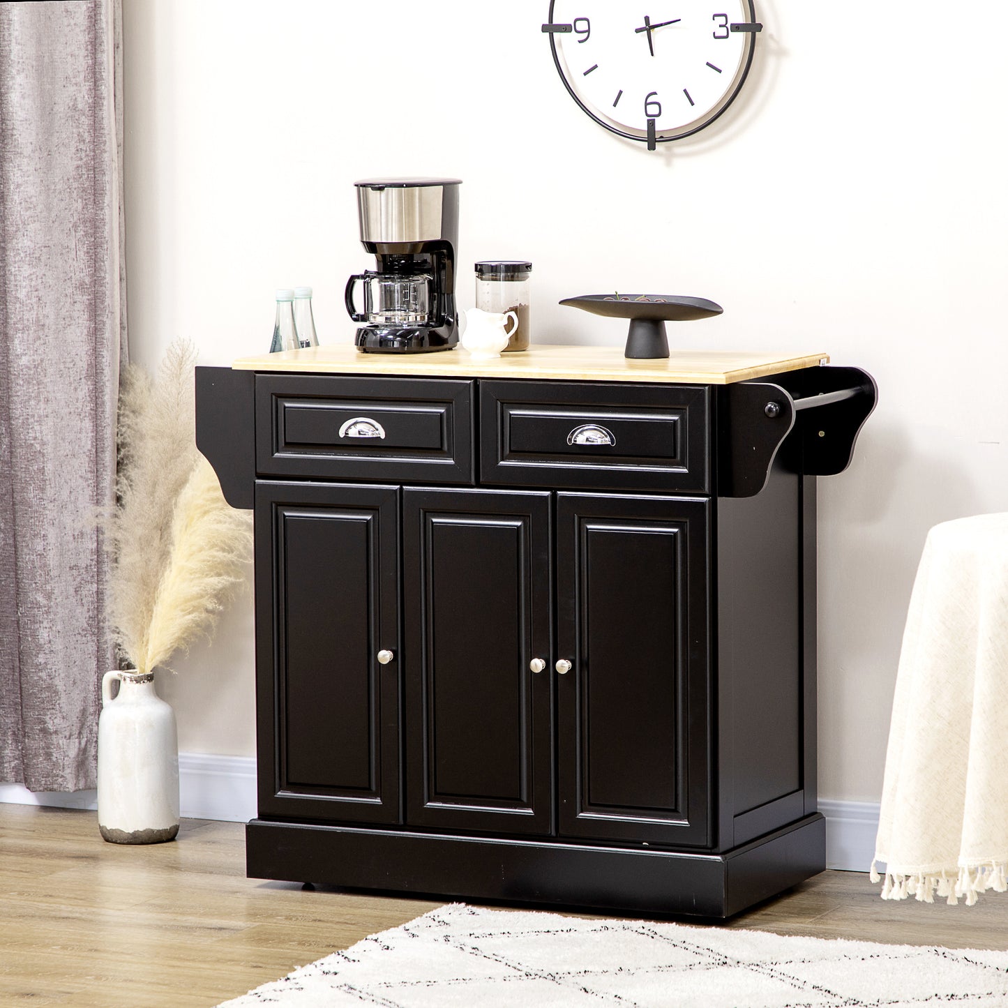 Kitchen Island with Storage Rolling Kitchen Serving Cart with Rubber Wood Top Towel Rack Storage Drawer Cabinet, Black