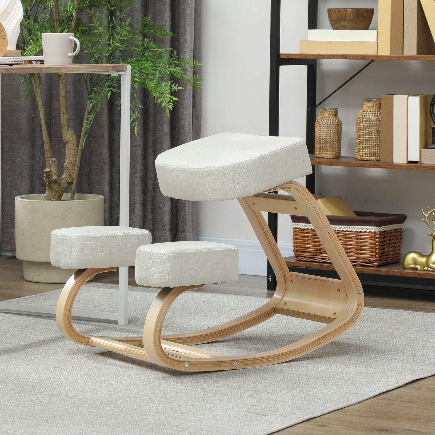 Ergonomic Kneeling Chair, Wood Kneel Stool with Thick Pads, Desk Knee Chair, Improve Posture, Cream White