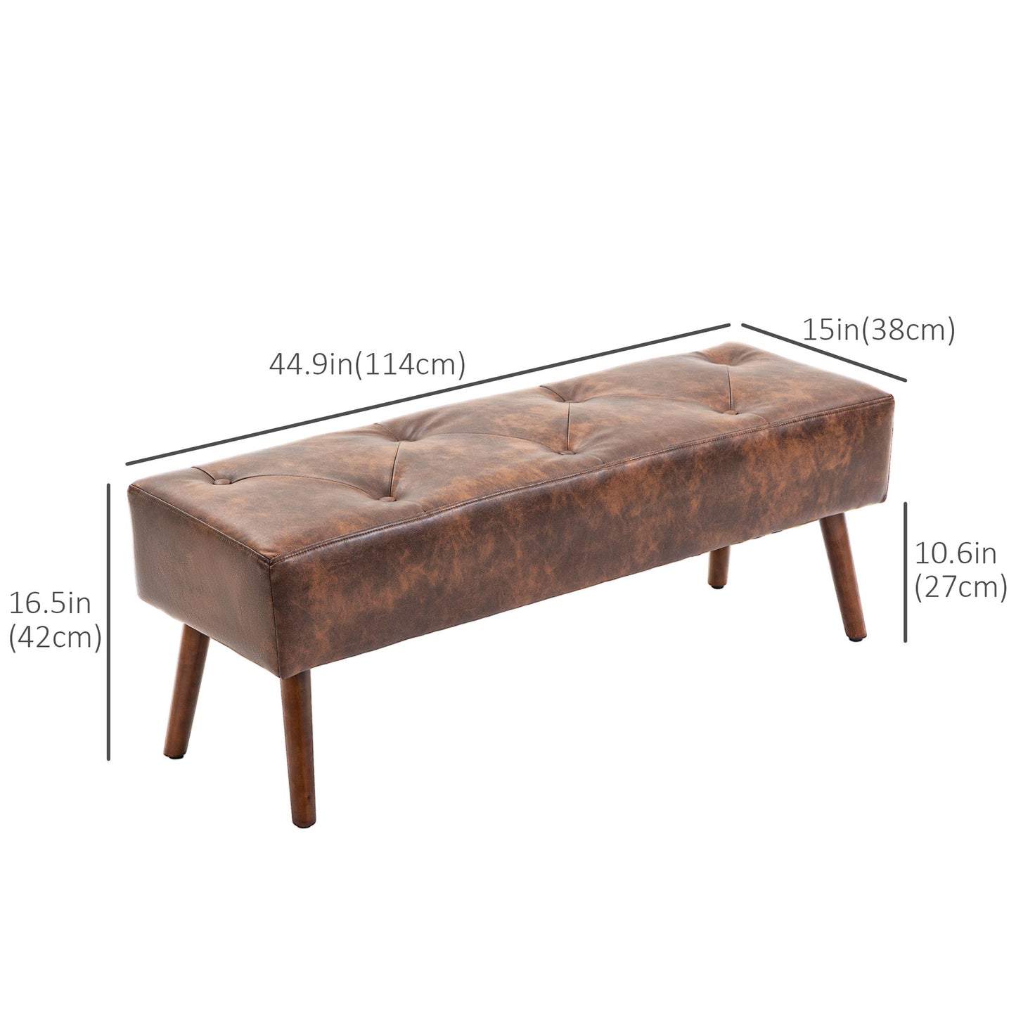Bedroom Bench, End of Bed Bench with Button Tufted, PU Leather Upholstered Entryway Bench with Wood Legs, Brown