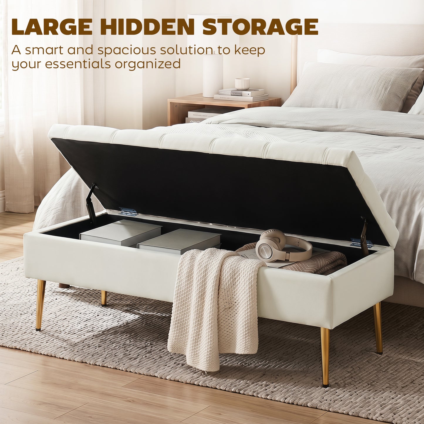 Upholstered Bedroom Bench with Gold Tone Metal Legs, Velvet Tufted and Thick Padding, Beige