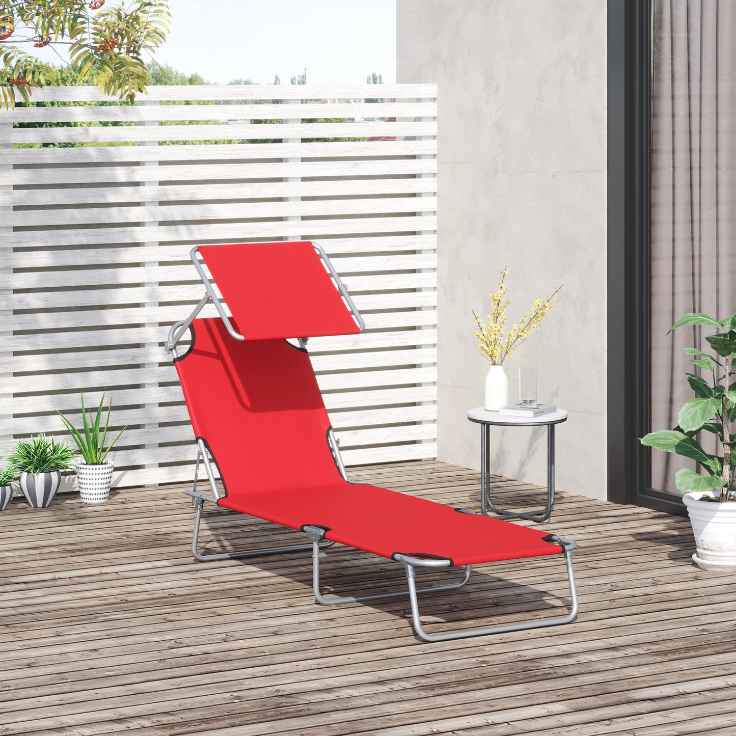 Outdoor Lounge Chair, Adjustable Folding Chaise Lounge, Tanning Chair with Sun Shade for Beach, Camping, Hiking, Backyard, Light Grey