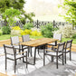 Wooden Outdoor Dining Table for 6 with 2" Umbrella Hole, Slatted Tabletop, Metal Frame, for Yard, Deck, Lawn